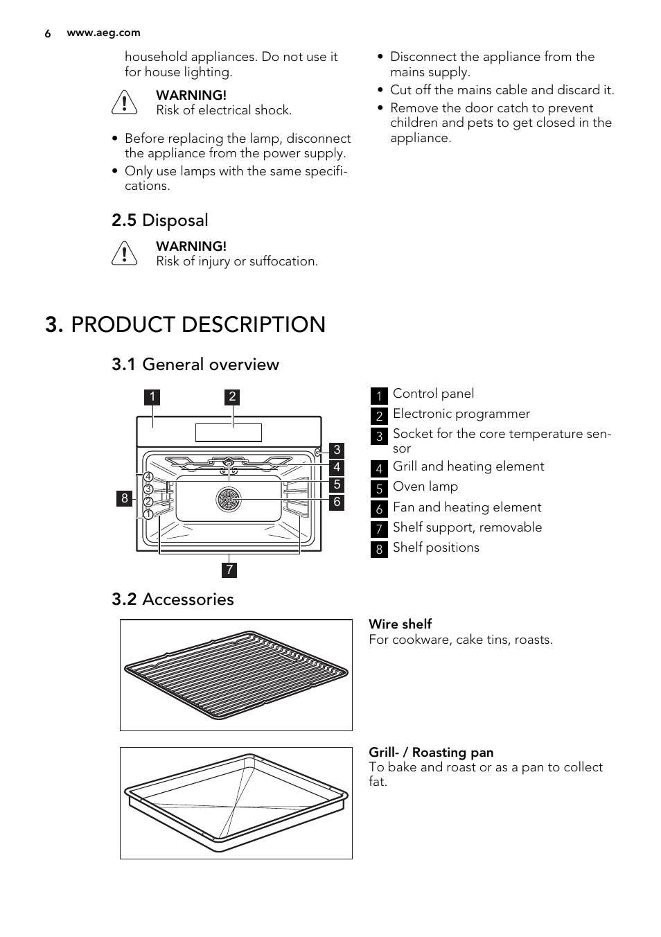 Product description, 5 disposal, 1 general overview | 2 accessories | AEG KE8404021M User Manual | Page 6 / 44