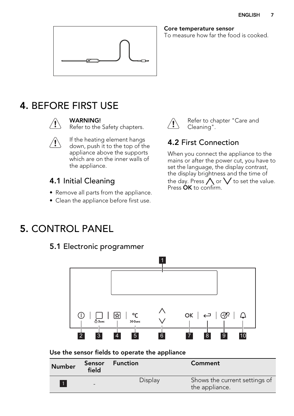 Before first use, Control panel, 1 initial cleaning | 2 first connection, 1 electronic programmer | AEG KE8404021M User Manual | Page 7 / 44