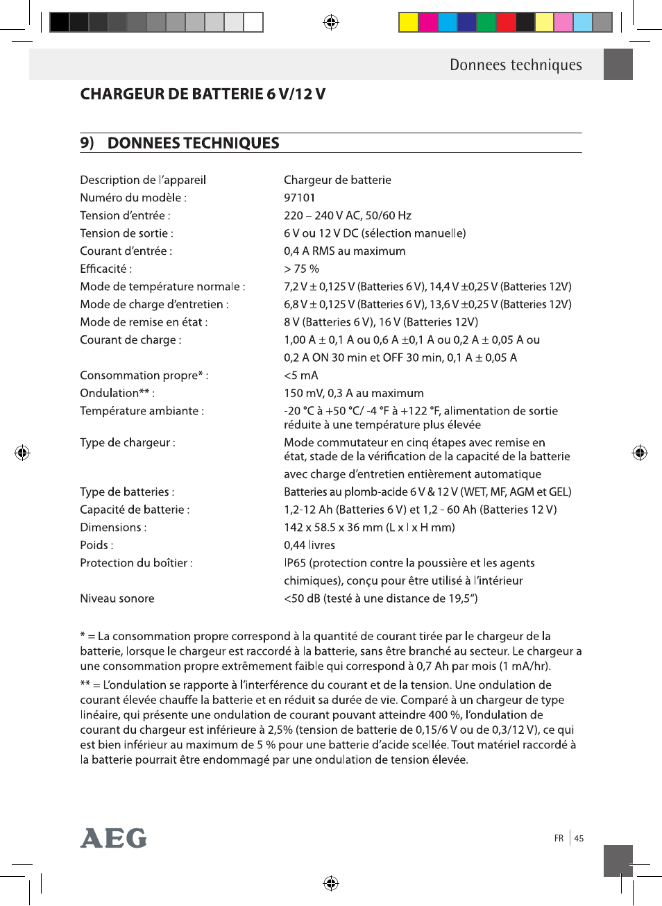 Donnees techniques 9) | AEG Charging Unit LP Plus User Manual | Page 44 / 87