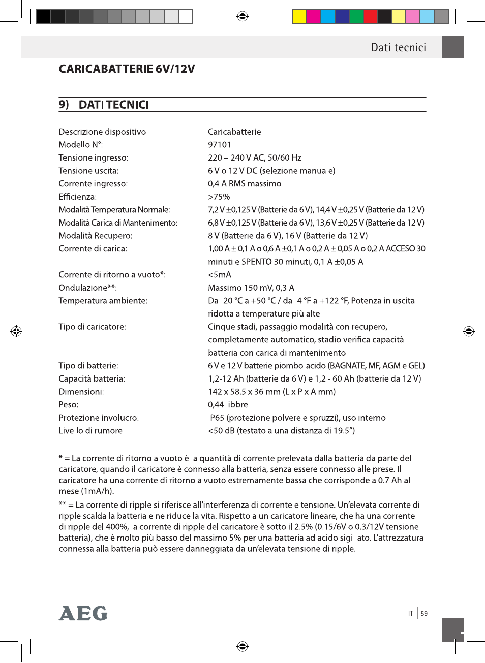 Dati tecnici 9) | AEG Charging Unit LP Plus User Manual | Page 58 / 87