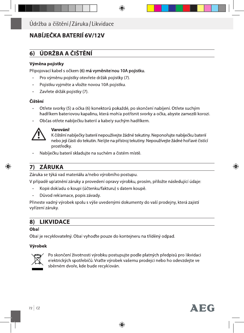 Údržba a čištění / záruka / likvidace | AEG Charging Unit LP Plus User Manual | Page 71 / 87