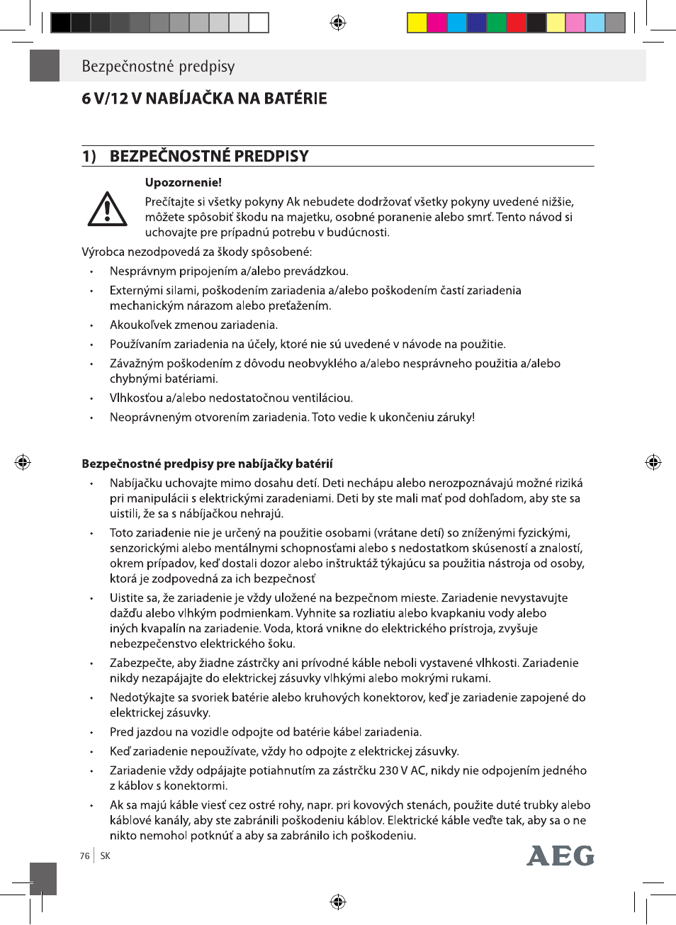 Bezpečnostné predpisy | AEG Charging Unit LP Plus User Manual | Page 75 / 87