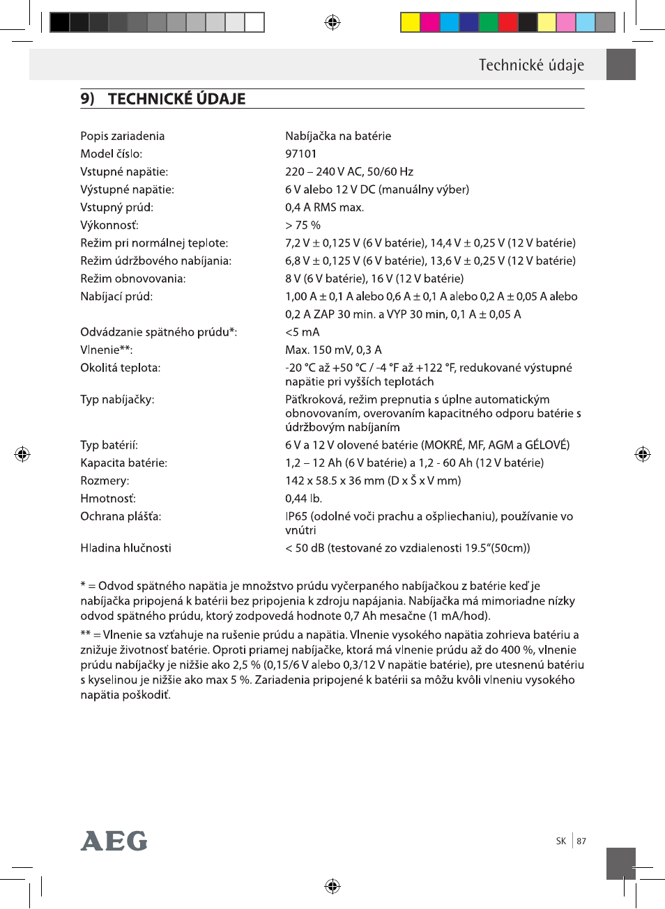 Technické údaje 9) | AEG Charging Unit LP Plus User Manual | Page 86 / 87