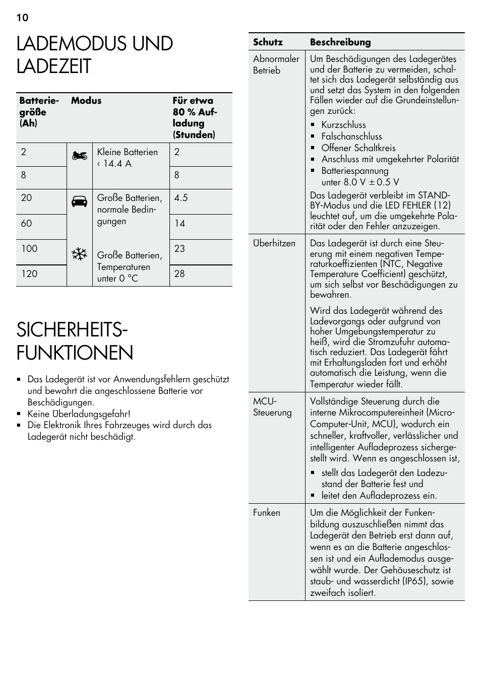 Lademodus und ladezeit, Sicherheits- funktionen | AEG Micro-Processor Charging Unit LP 3.8 User Manual | Page 10 / 64