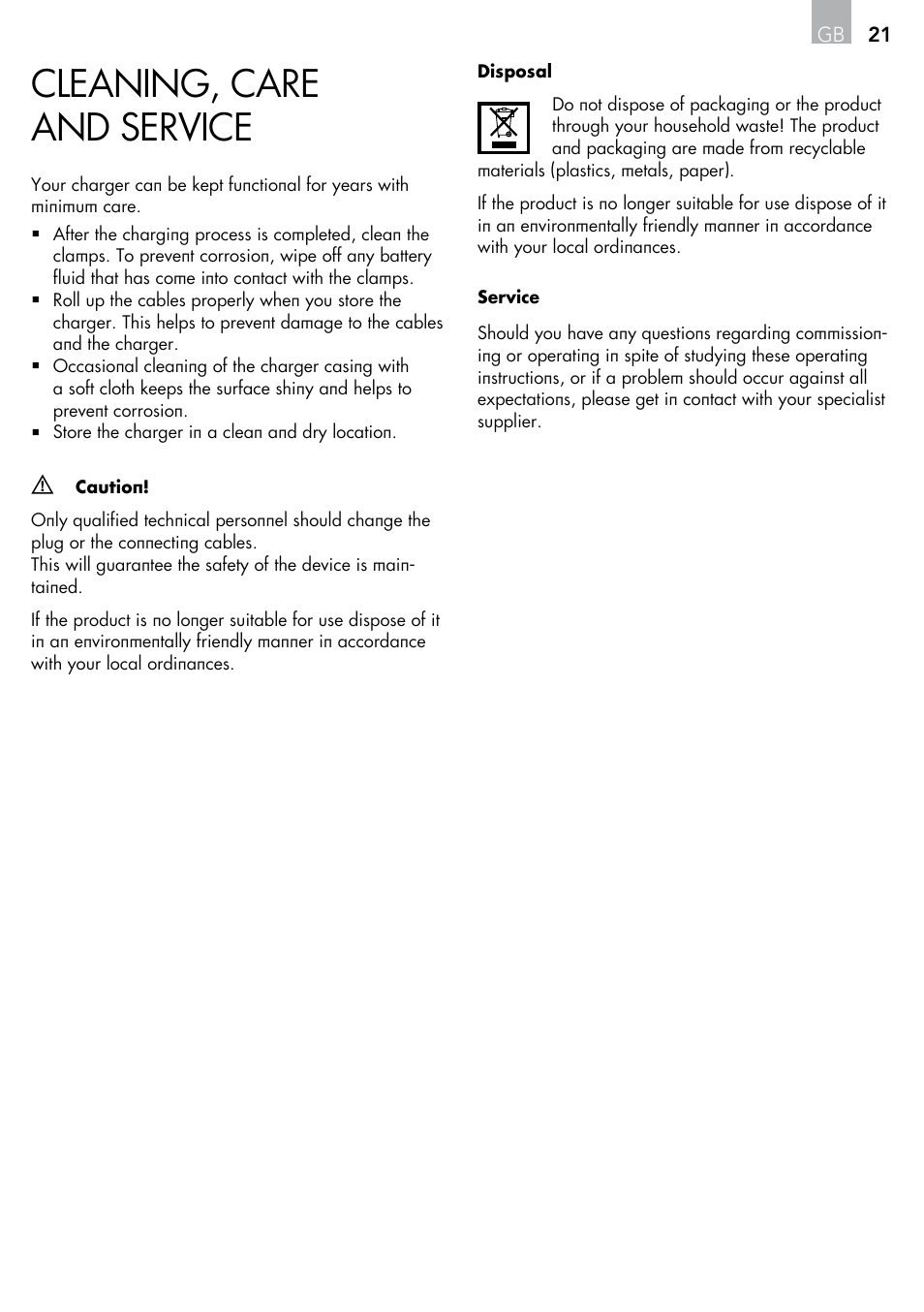 Cleaning, care and service | AEG Micro-Processor Charging Unit LP 3.8 User Manual | Page 21 / 64