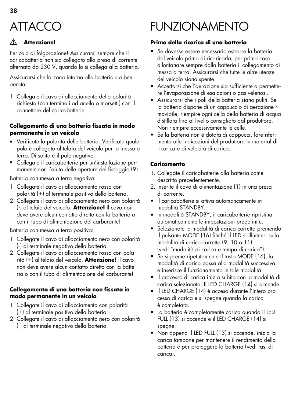 Funzionamento, Attacco | AEG Micro-Processor Charging Unit LP 3.8 User Manual | Page 38 / 64