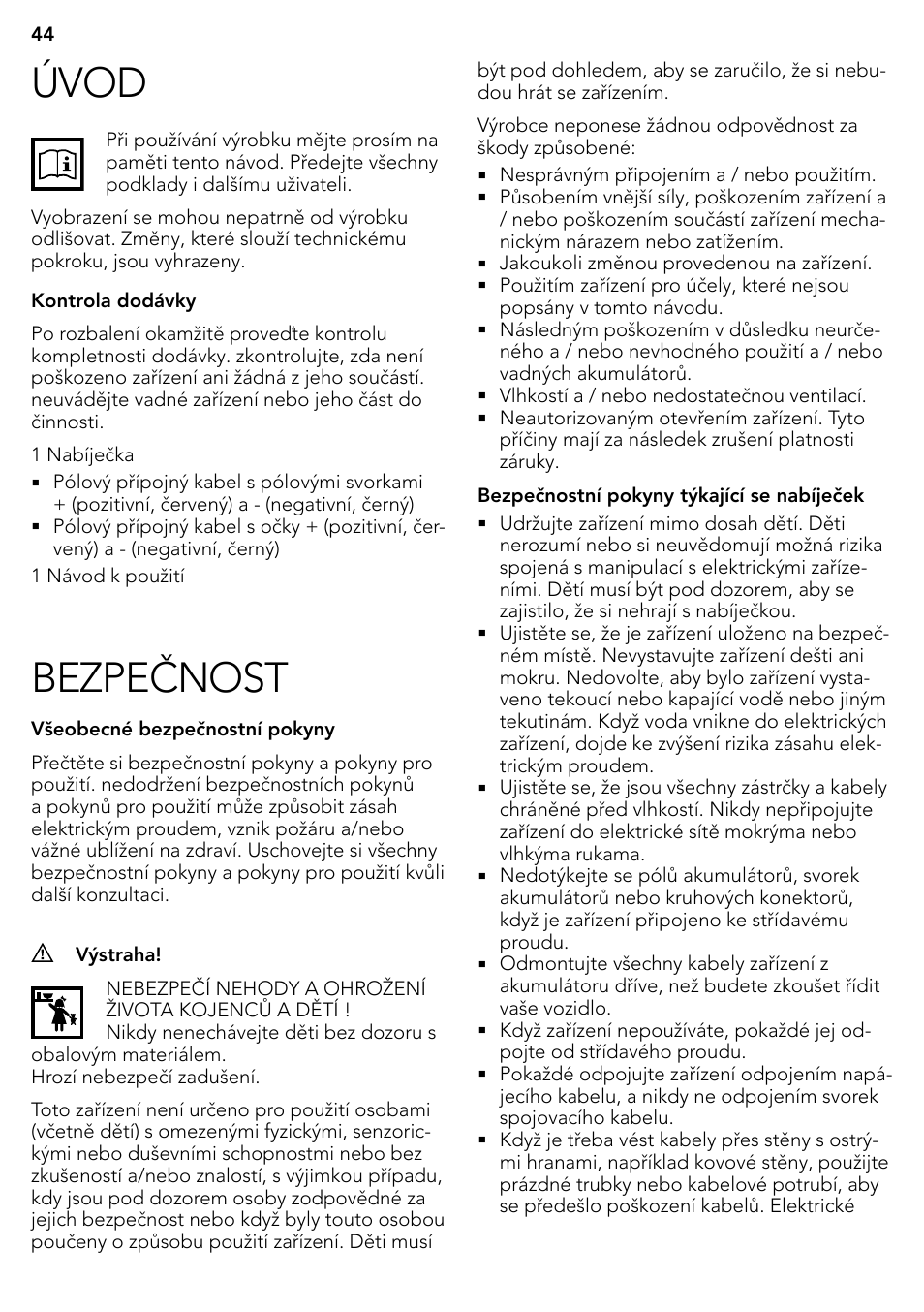 Úvod, Bezpečnost | AEG Micro-Processor Charging Unit LP 3.8 User Manual | Page 44 / 64