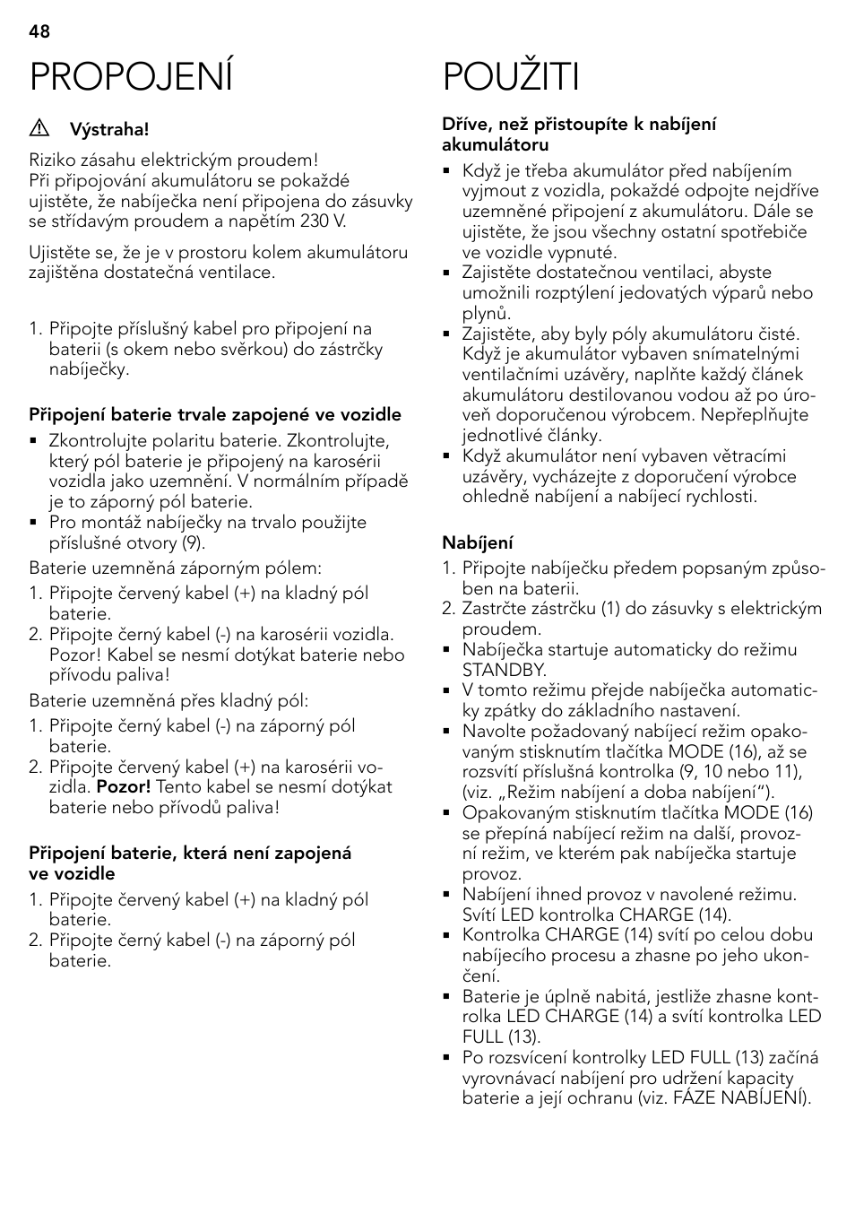 Použiti, Propojení | AEG Micro-Processor Charging Unit LP 3.8 User Manual | Page 48 / 64