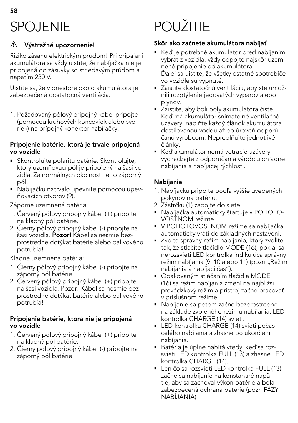 Použitie, Spojenie | AEG Micro-Processor Charging Unit LP 3.8 User Manual | Page 58 / 64