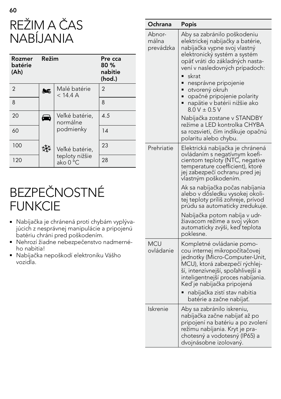 Režim a čas nabíjania, Bezpečnostné funkcie | AEG Micro-Processor Charging Unit LP 3.8 User Manual | Page 60 / 64