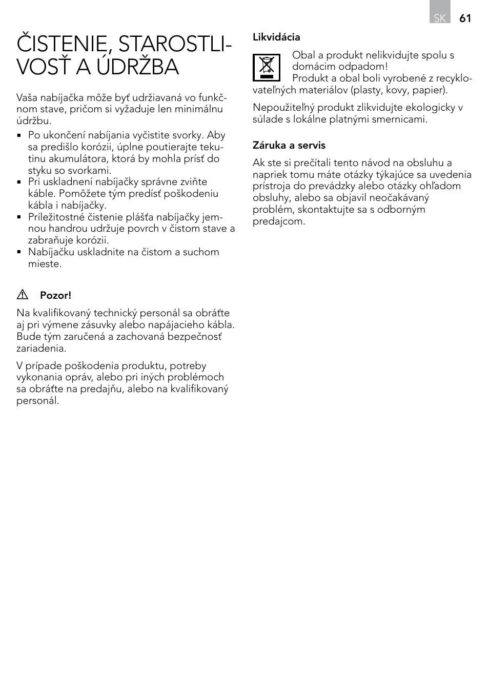 Čistenie, starostli- vosť a údržba | AEG Micro-Processor Charging Unit LP 3.8 User Manual | Page 61 / 64