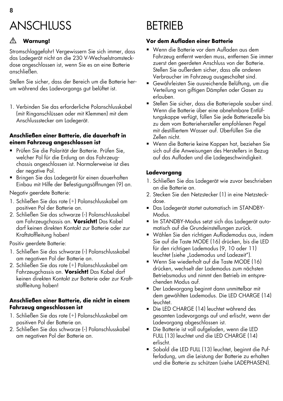 Betrieb, Anschluss | AEG Micro-Processor Charging Unit LP 3.8 User Manual | Page 8 / 64