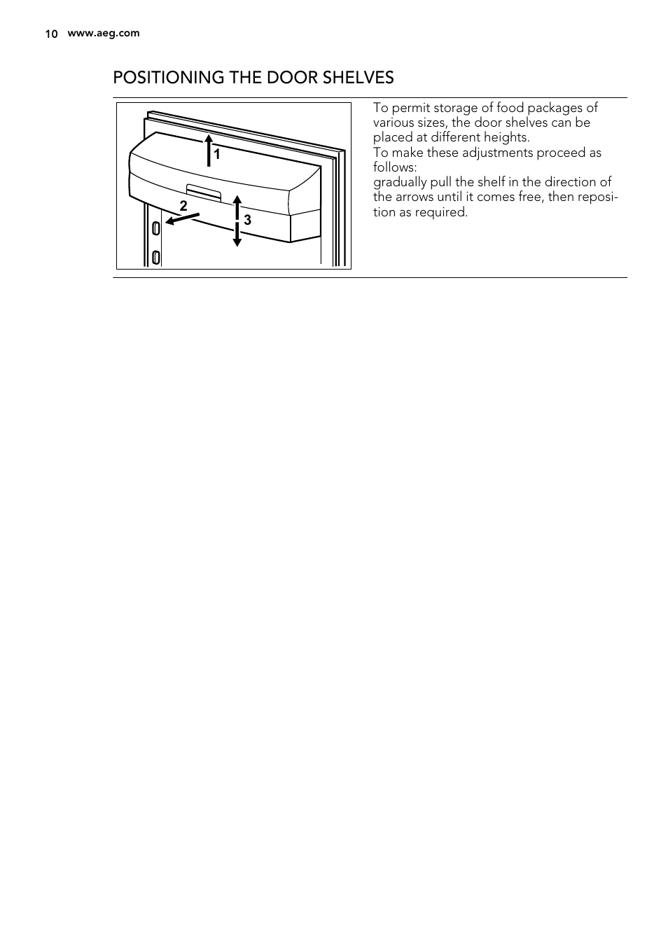 Positioning the door shelves | AEG S71700TSX0 User Manual | Page 10 / 24