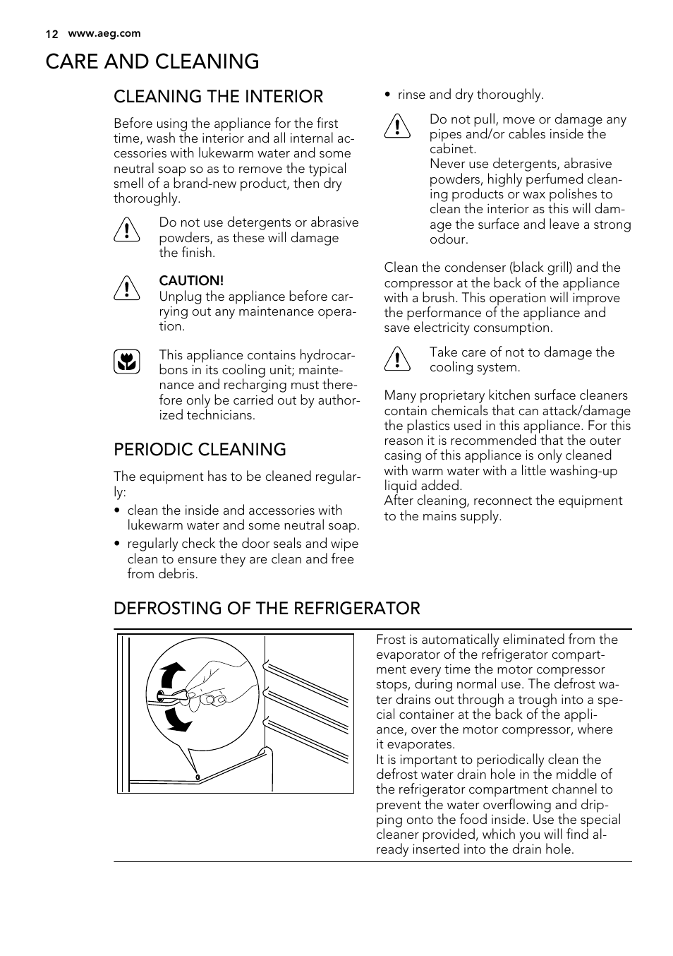 Care and cleaning, Cleaning the interior, Periodic cleaning | Defrosting of the refrigerator | AEG S71700TSX0 User Manual | Page 12 / 24