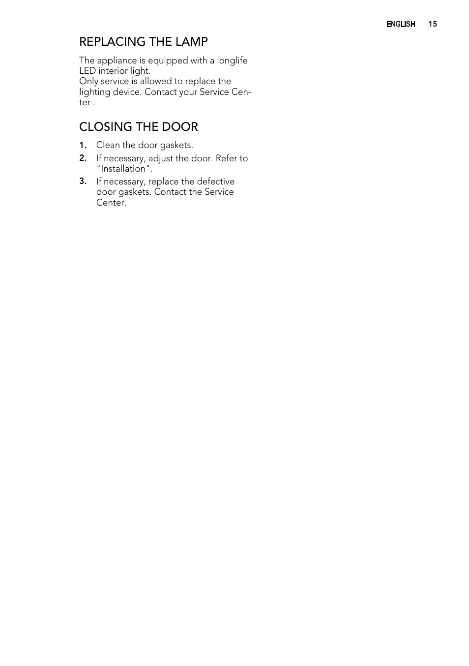 Replacing the lamp, Closing the door | AEG S71700TSX0 User Manual | Page 15 / 24