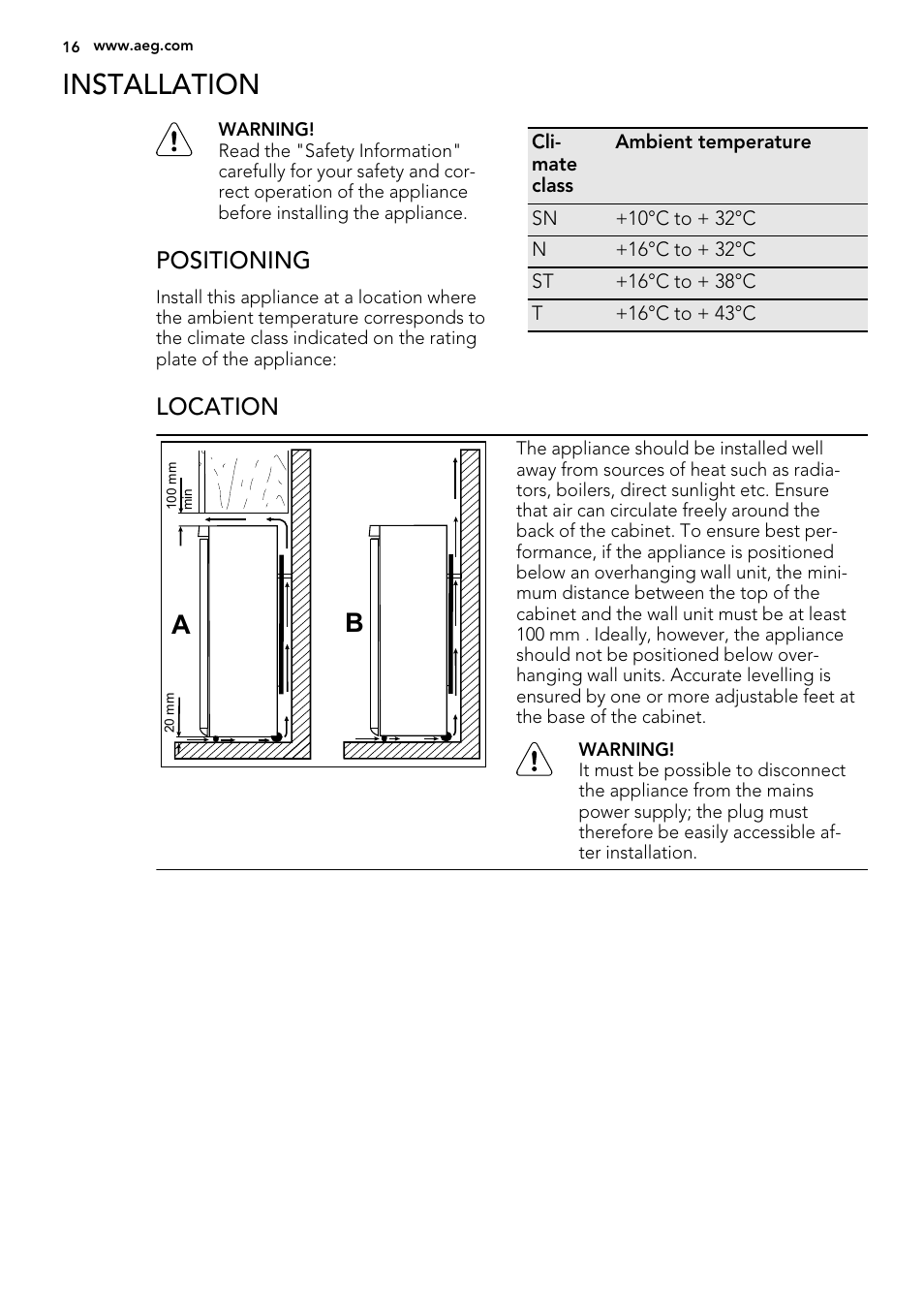 Installation, Positioning, Location | AEG S71700TSX0 User Manual | Page 16 / 24