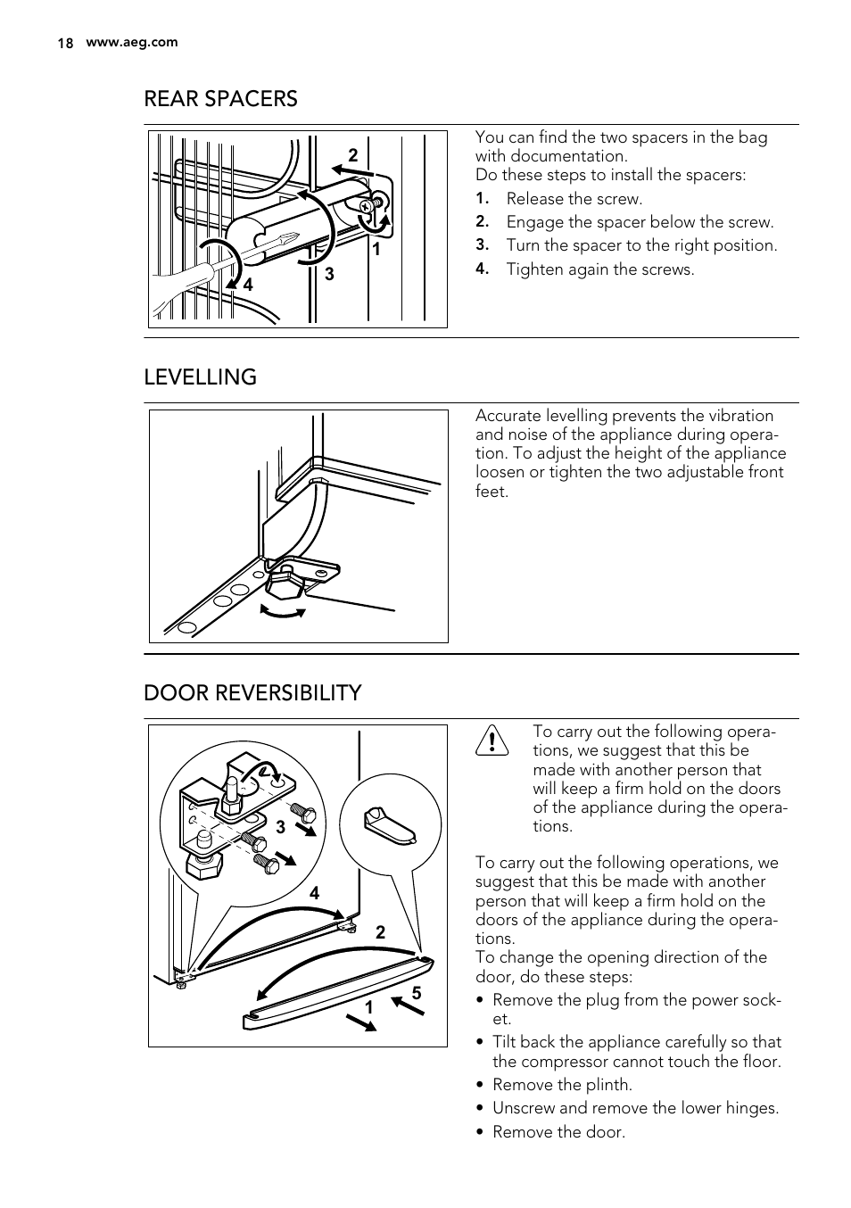 Rear spacers, Levelling, Door reversibility | AEG S71700TSX0 User Manual | Page 18 / 24