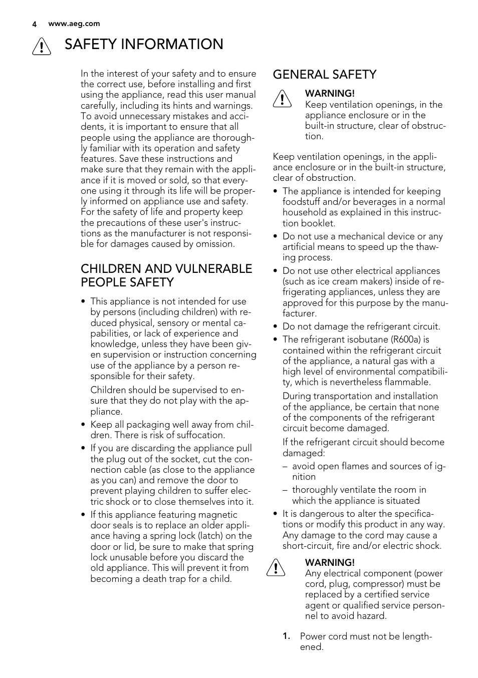 Safety information, Children and vulnerable people safety, General safety | AEG S71700TSX0 User Manual | Page 4 / 24