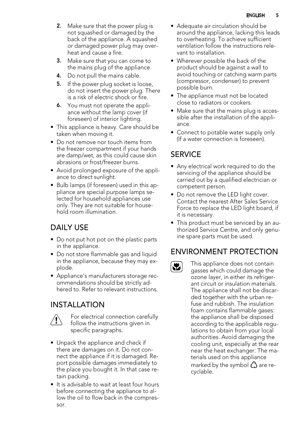 Daily use, Installation, Service | Environment protection | AEG S71700TSX0 User Manual | Page 5 / 24