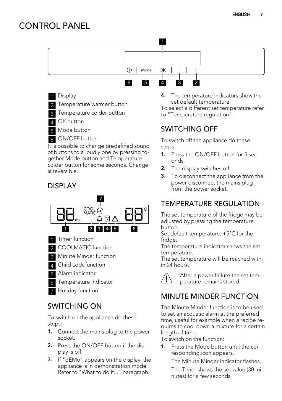 Control panel, Display, Switching on | Switching off, Temperature regulation, Minute minder function | AEG S71700TSX0 User Manual | Page 7 / 24