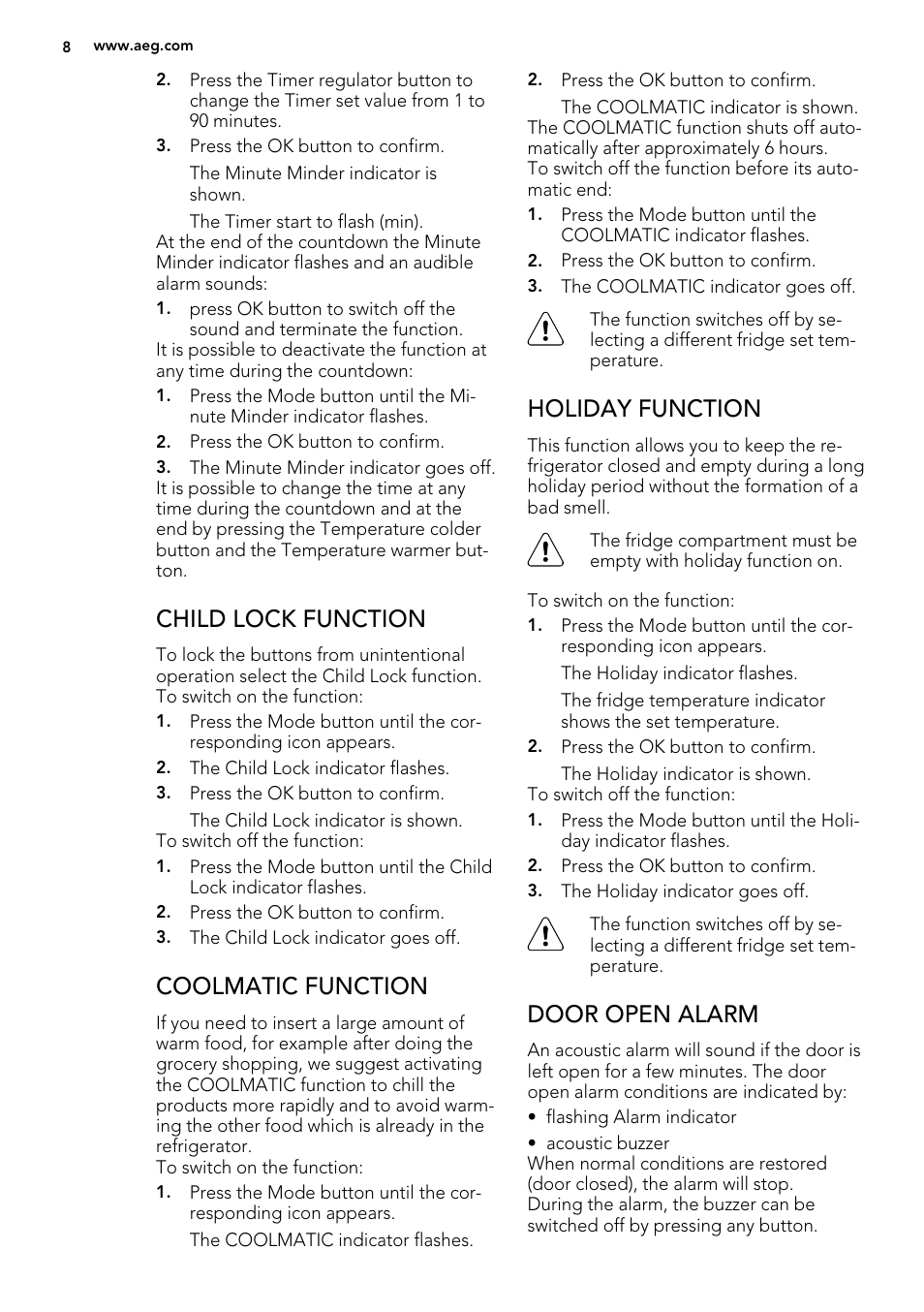 Child lock function, Coolmatic function, Holiday function | Door open alarm | AEG S71700TSX0 User Manual | Page 8 / 24