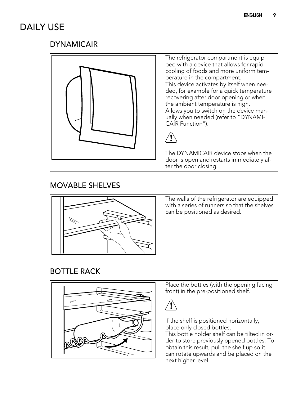 Daily use, Dynamicair, Movable shelves | Bottle rack | AEG S71700TSX0 User Manual | Page 9 / 24