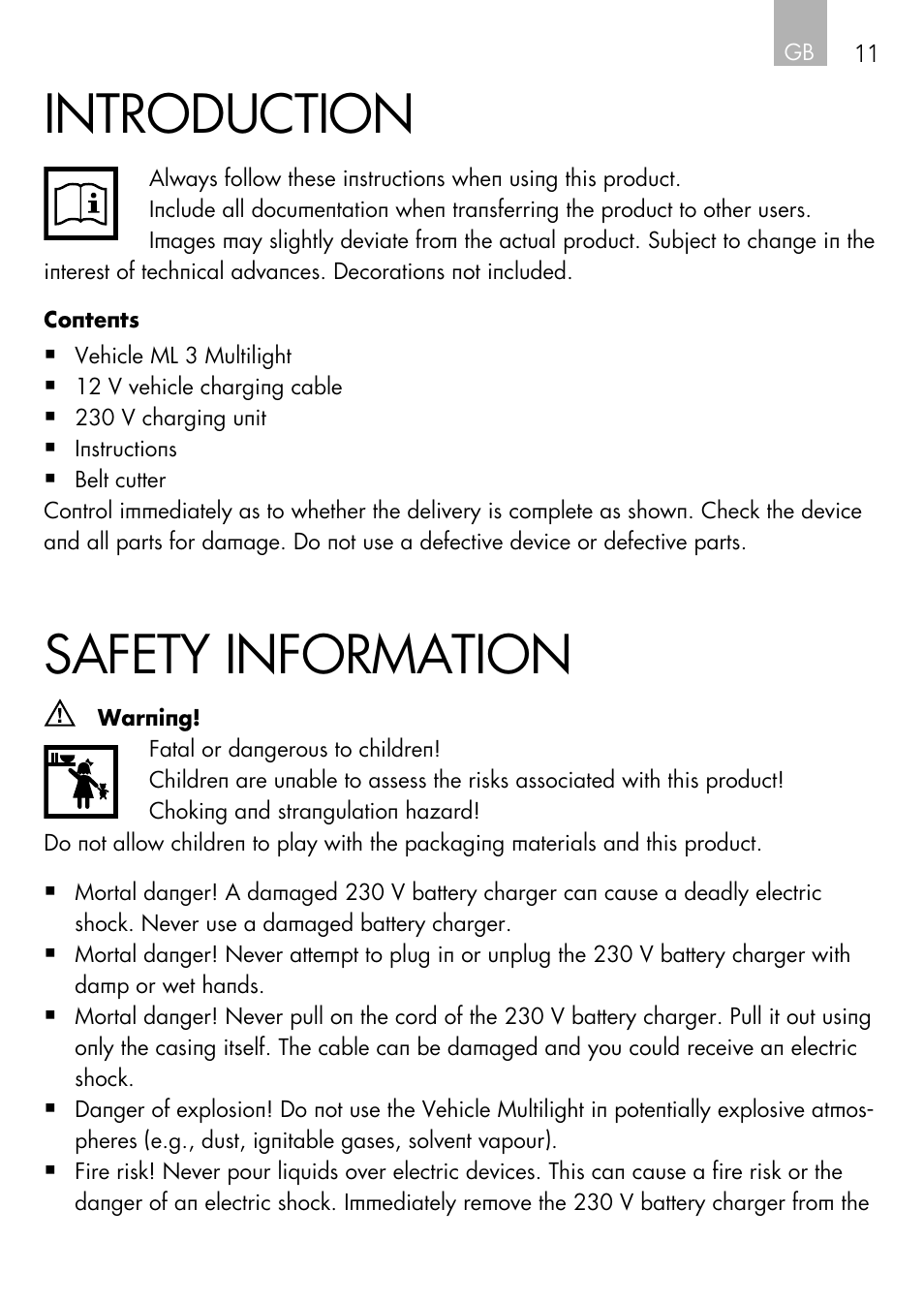 Introduction, Safety information | AEG Vehicle Multilight KL3 User Manual | Page 11 / 50