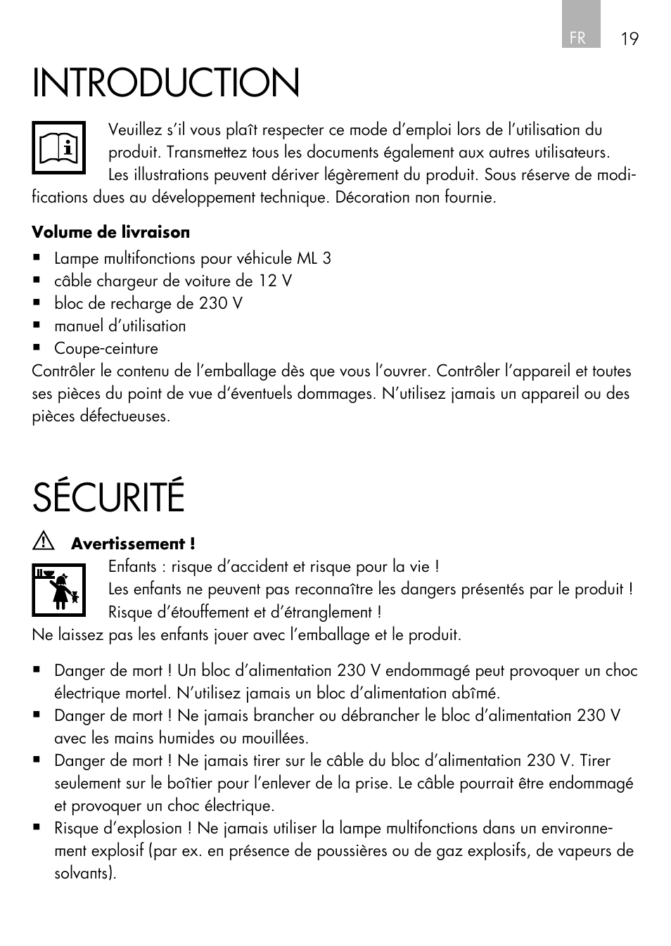 Introduction, Sécurité | AEG Vehicle Multilight KL3 User Manual | Page 19 / 50