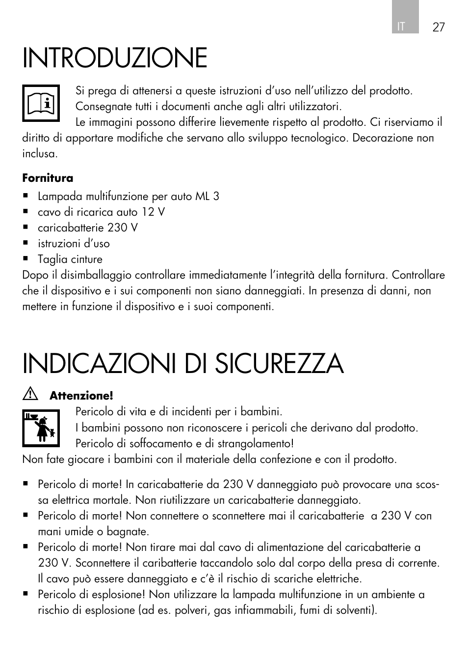 Introduzione, Indicazioni di sicurezza | AEG Vehicle Multilight KL3 User Manual | Page 27 / 50