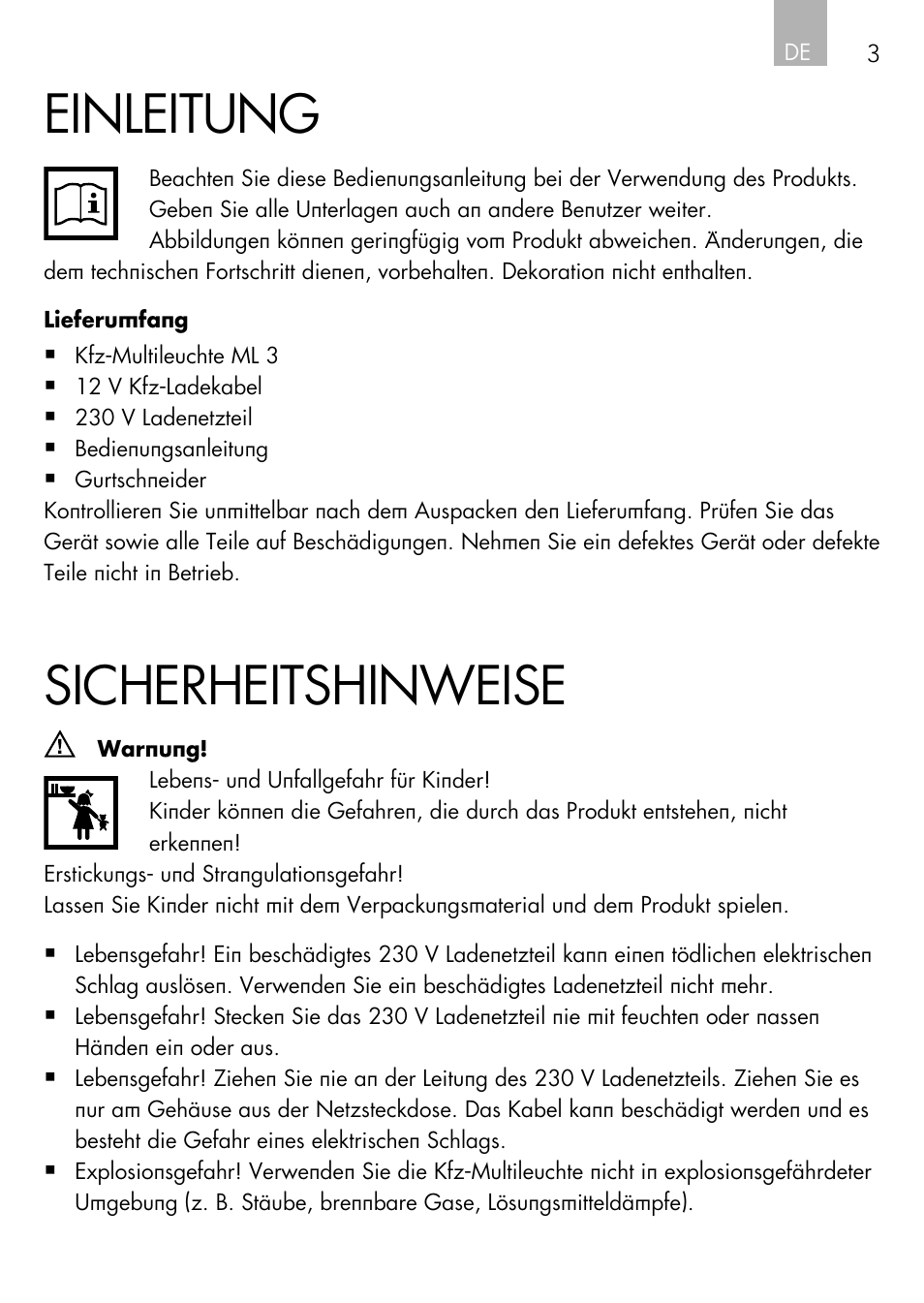 Einleitung, Sicherheitshinweise | AEG Vehicle Multilight KL3 User Manual | Page 3 / 50