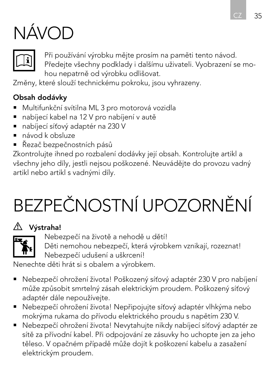 Návod, Bezpečnostní upozornění | AEG Vehicle Multilight KL3 User Manual | Page 35 / 50