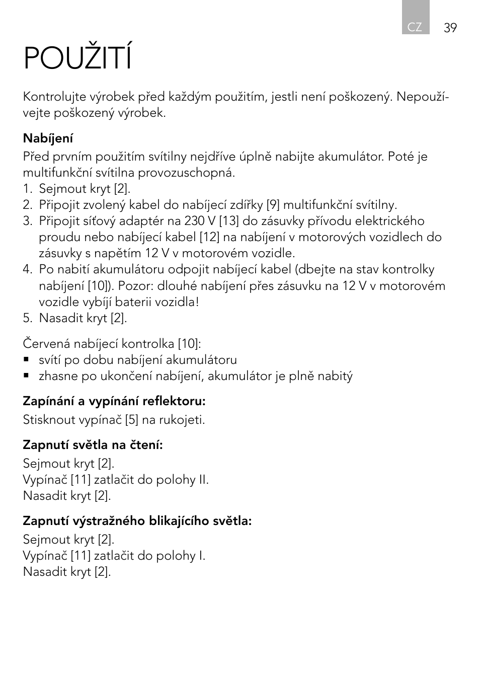 Použití | AEG Vehicle Multilight KL3 User Manual | Page 39 / 50