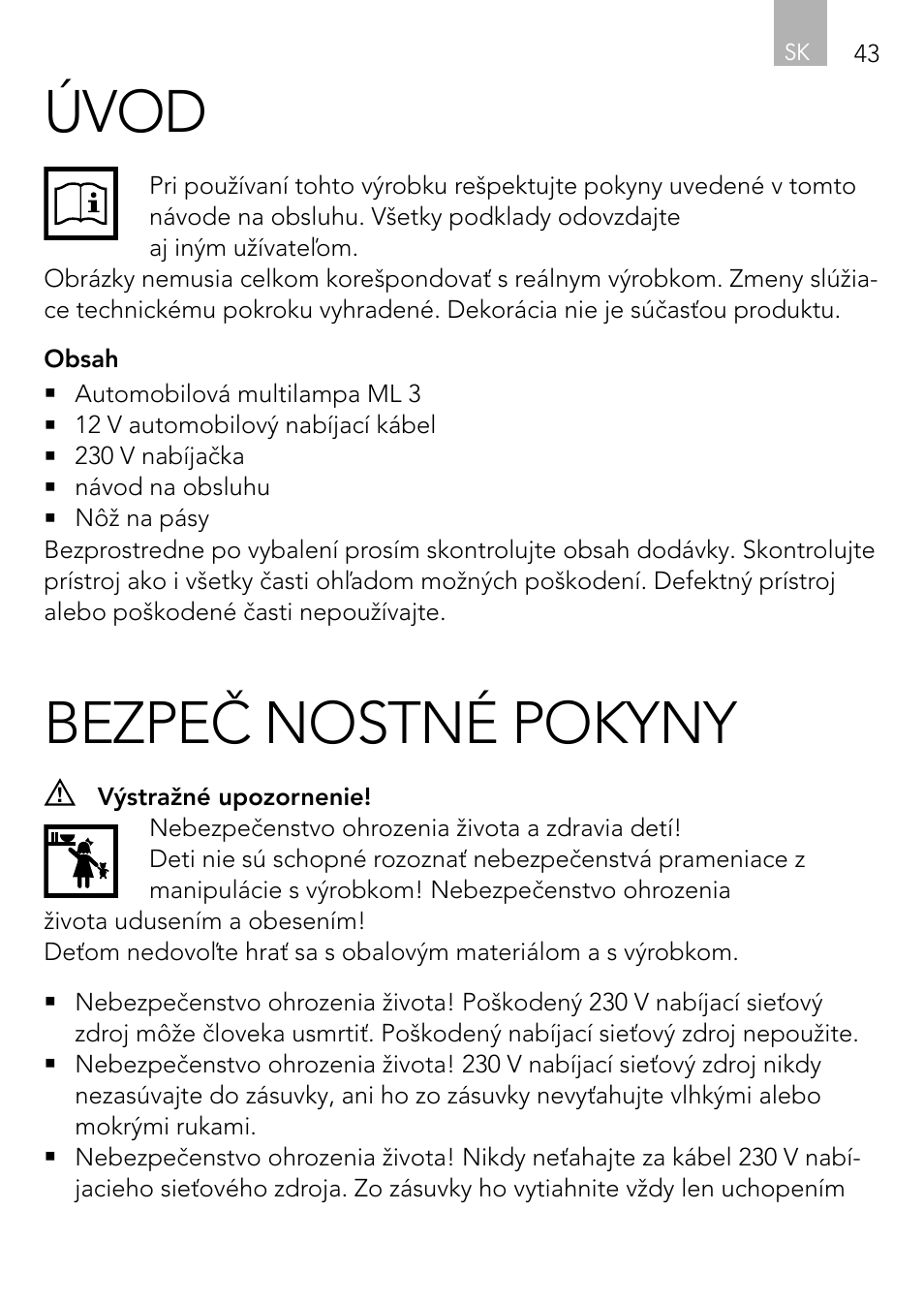 Úvod, Bezpeč nostné pokyny | AEG Vehicle Multilight KL3 User Manual | Page 43 / 50