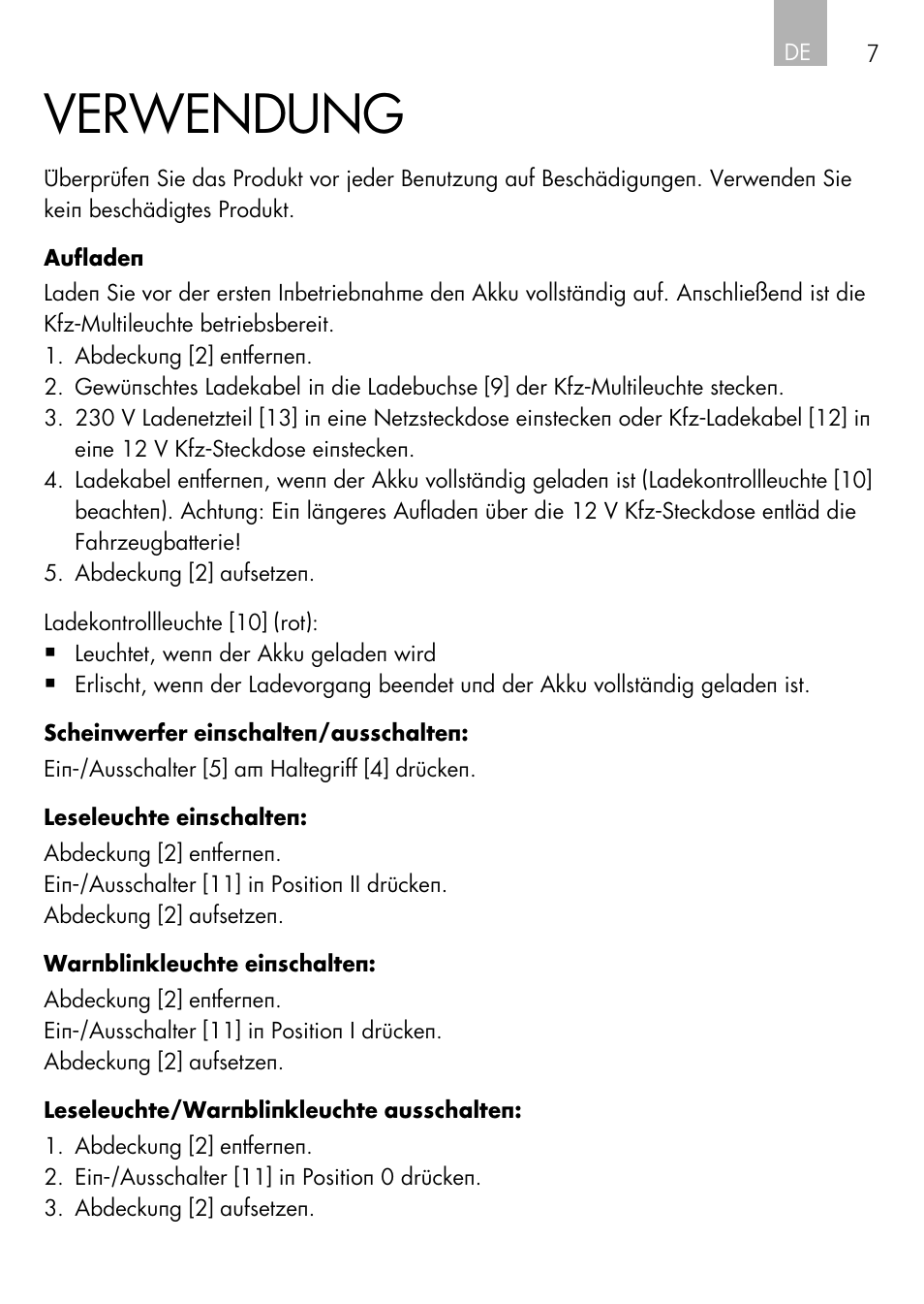 Verwendung | AEG Vehicle Multilight KL3 User Manual | Page 7 / 50