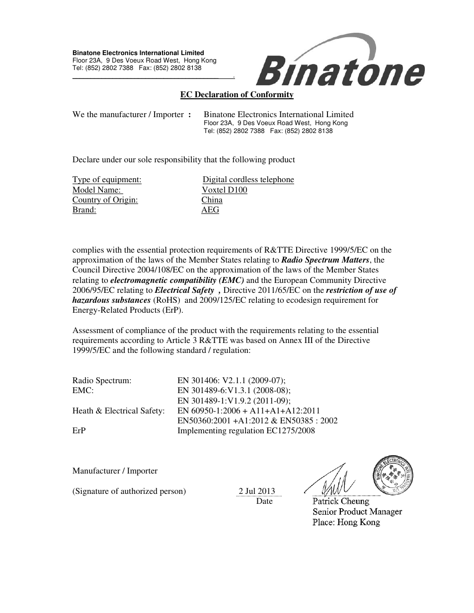 AEG Voxtel D100 User Manual | 1 page