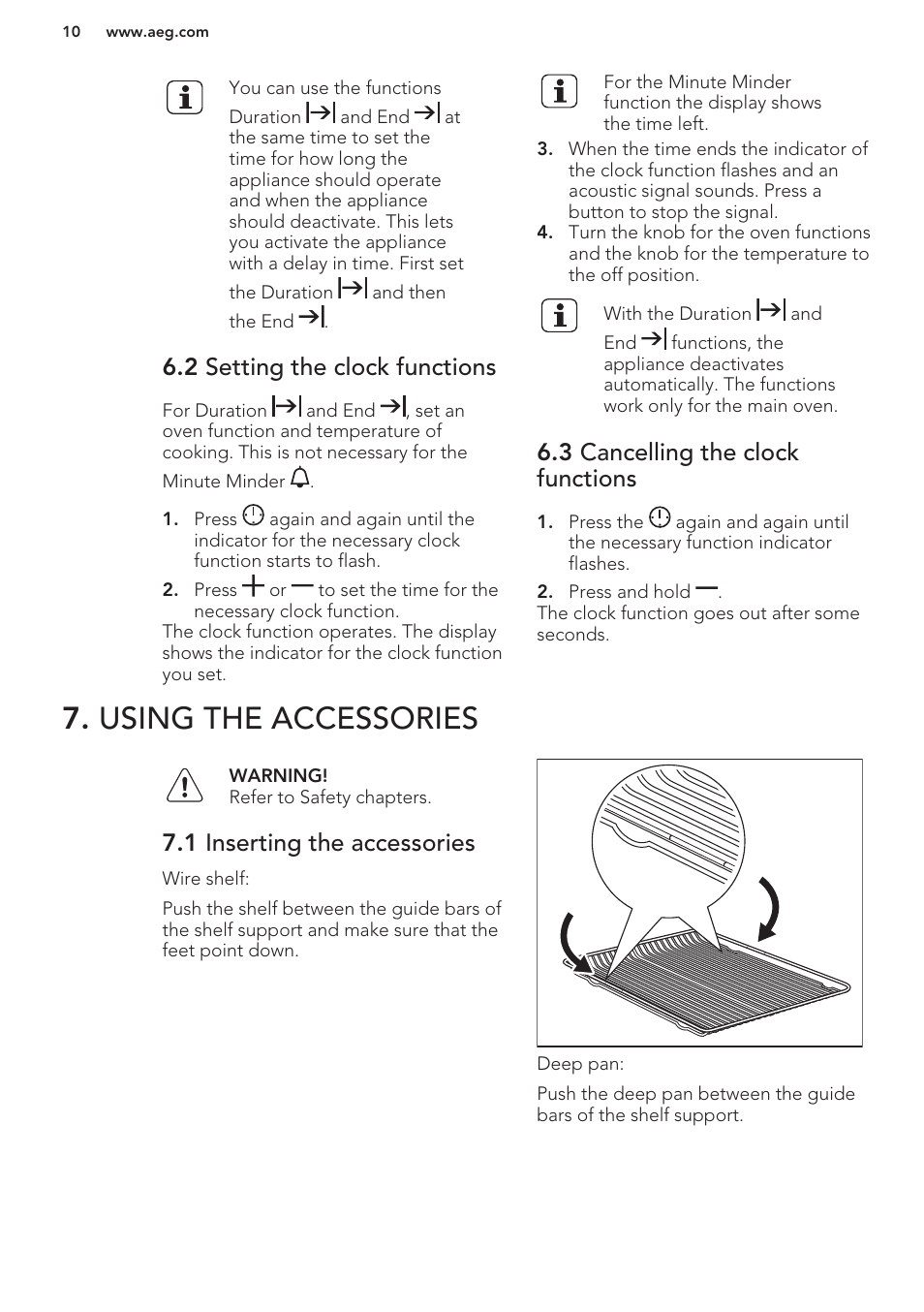 2 setting the clock functions, 3 cancelling the clock functions, Using the accessories | 1 inserting the accessories | AEG DC4003000M User Manual | Page 10 / 24