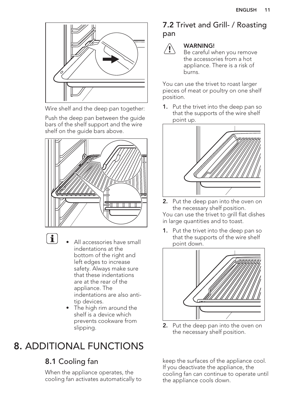 2 trivet and grill- / roasting pan, Additional functions, 1 cooling fan | Hints and tips | AEG DC4003000M User Manual | Page 11 / 24