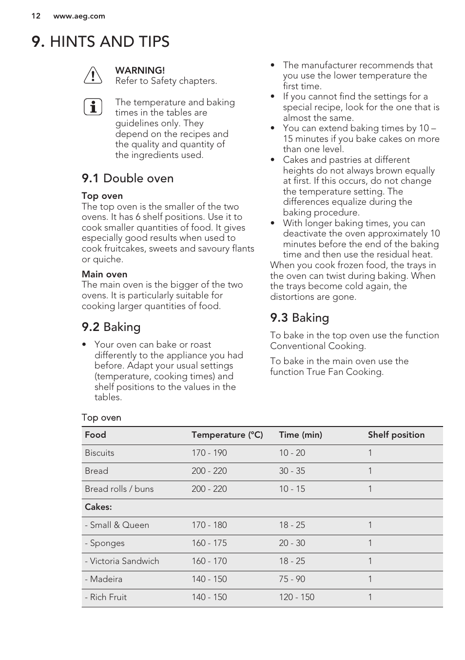 1 double oven, 2 baking, 3 baking | Hints and tips | AEG DC4003000M User Manual | Page 12 / 24