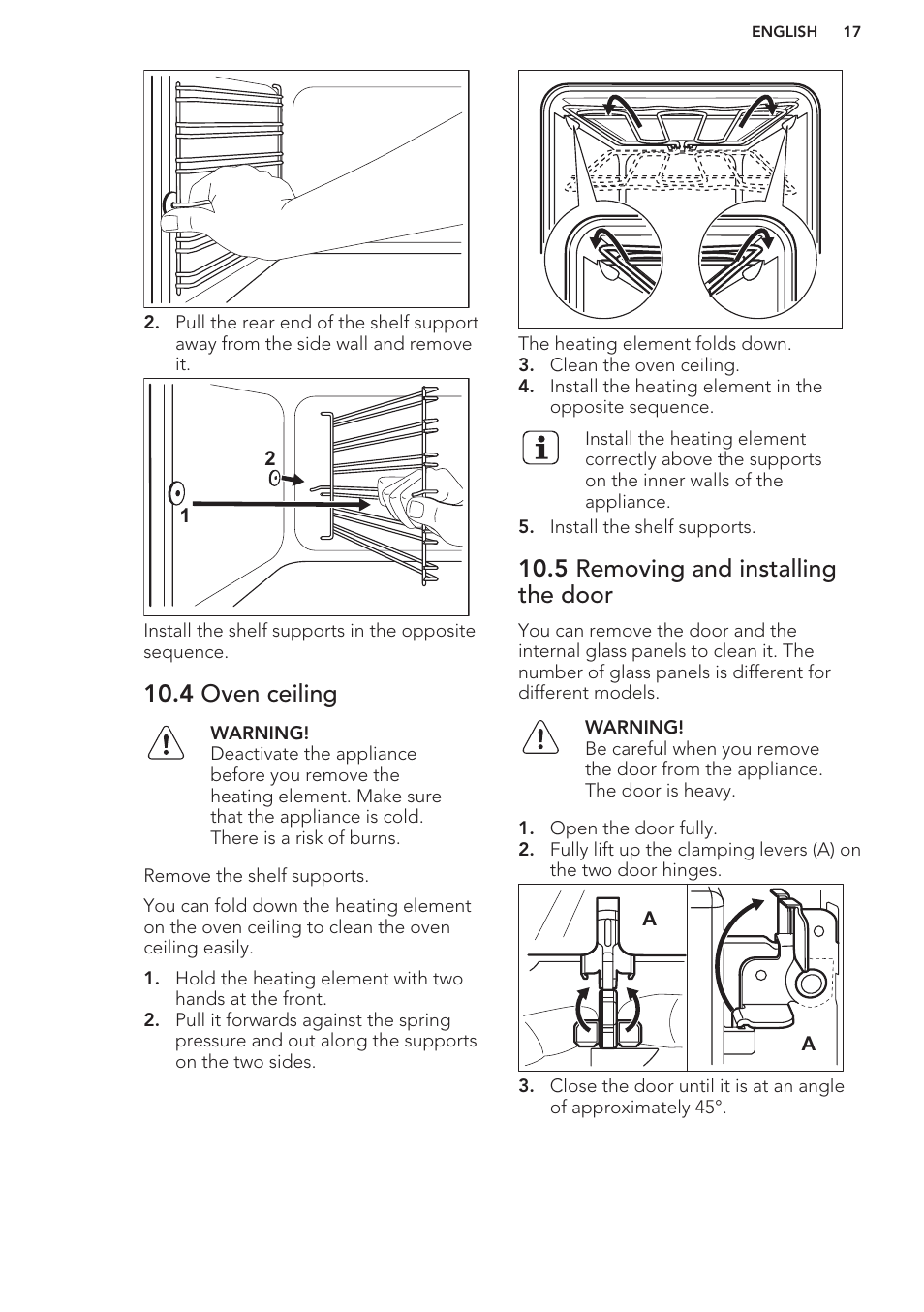 4 oven ceiling, 5 removing and installing the door | AEG DC4003000M User Manual | Page 17 / 24