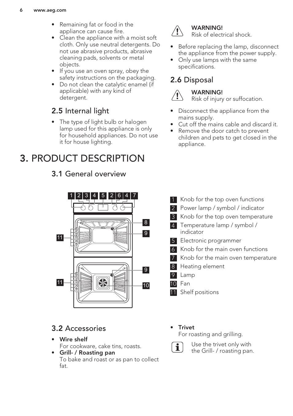 5 internal light, 6 disposal, Product description | 1 general overview, 2 accessories, Before first use | AEG DC4003000M User Manual | Page 6 / 24