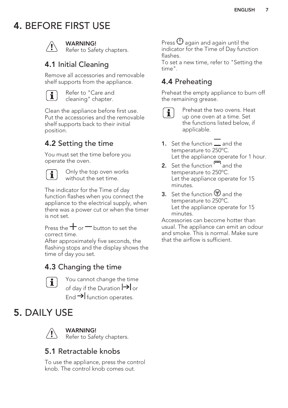 1 initial cleaning, 2 setting the time, 3 changing the time | 4 preheating, Daily use, 1 retractable knobs, Before first use 5. daily use, Before first use | AEG DC4003000M User Manual | Page 7 / 24