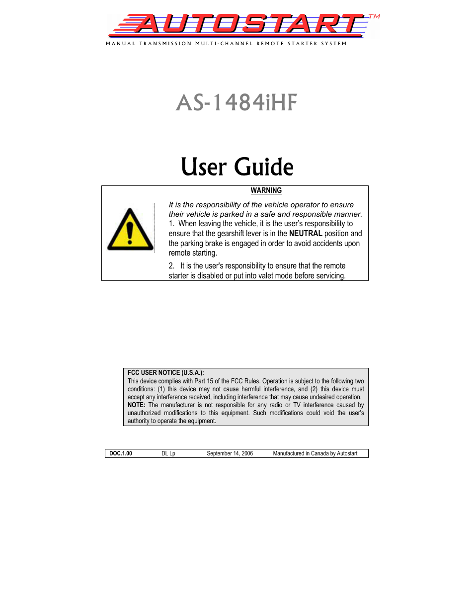 Autostart AS-1484iHF User Manual | 9 pages
