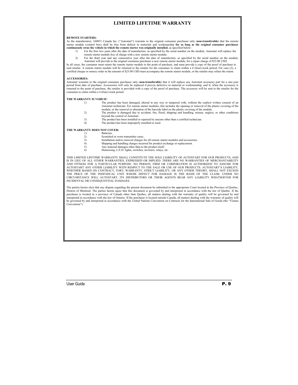 Limited lifetime warranty, User guide p. 9 | Autostart AS-1484iHF User Manual | Page 9 / 9