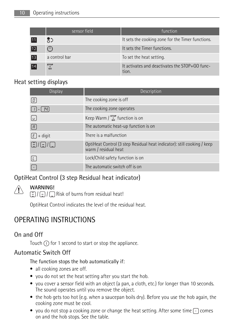 Operating instructions, Heat setting displays, Optiheat control (3 step residual heat indicator) | On and off, Automatic switch off | AEG HK634060XB User Manual | Page 10 / 20