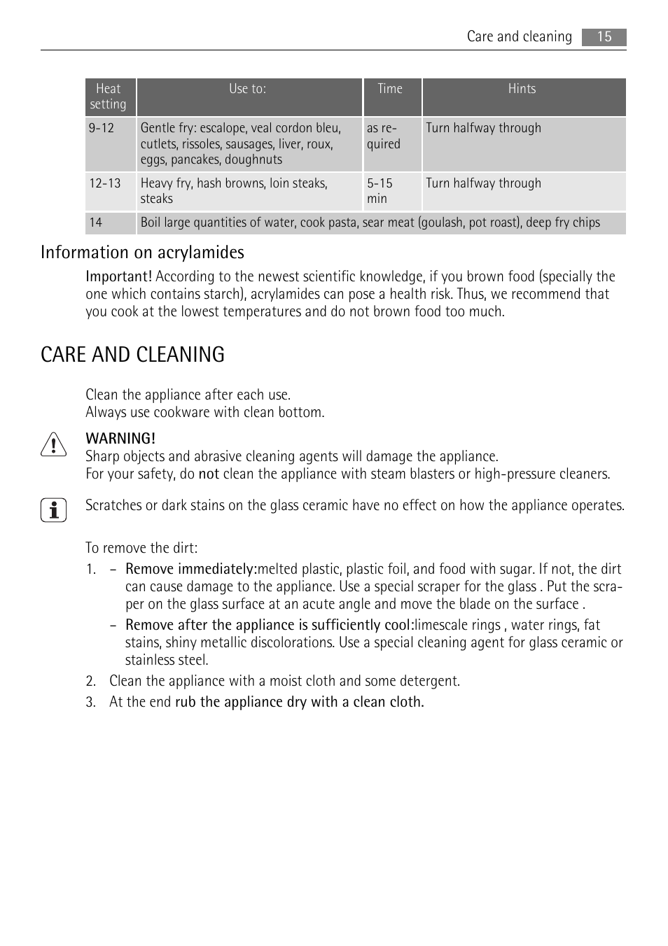 Care and cleaning, Information on acrylamides | AEG HK634060XB User Manual | Page 15 / 20