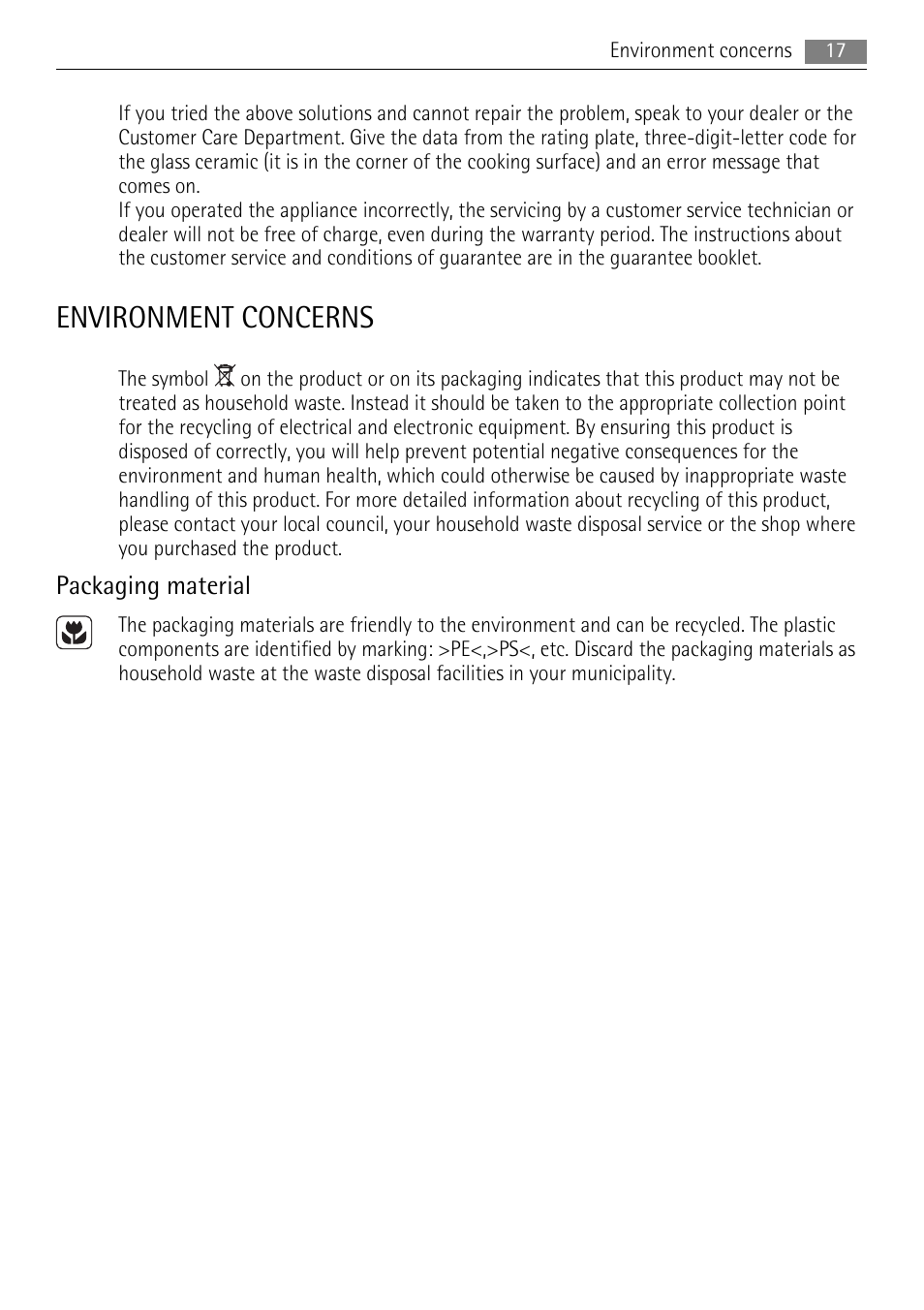 Environment concerns, Packaging material | AEG HK634060XB User Manual | Page 17 / 20