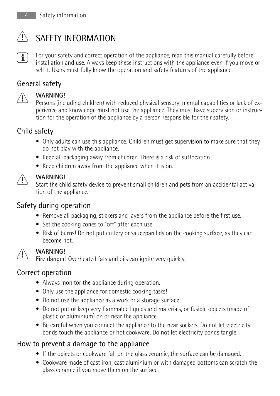 Safety information, General safety, Child safety | Safety during operation, Correct operation, How to prevent a damage to the appliance | AEG HK634060XB User Manual | Page 4 / 20