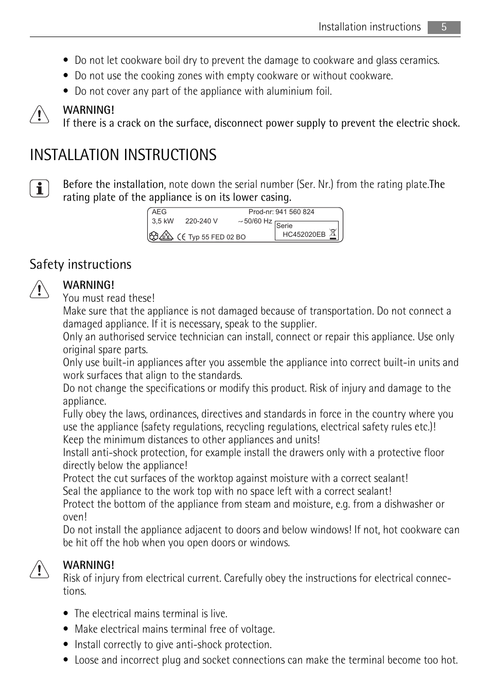 Installation instructions, Safety instructions | AEG HK634060XB User Manual | Page 5 / 20