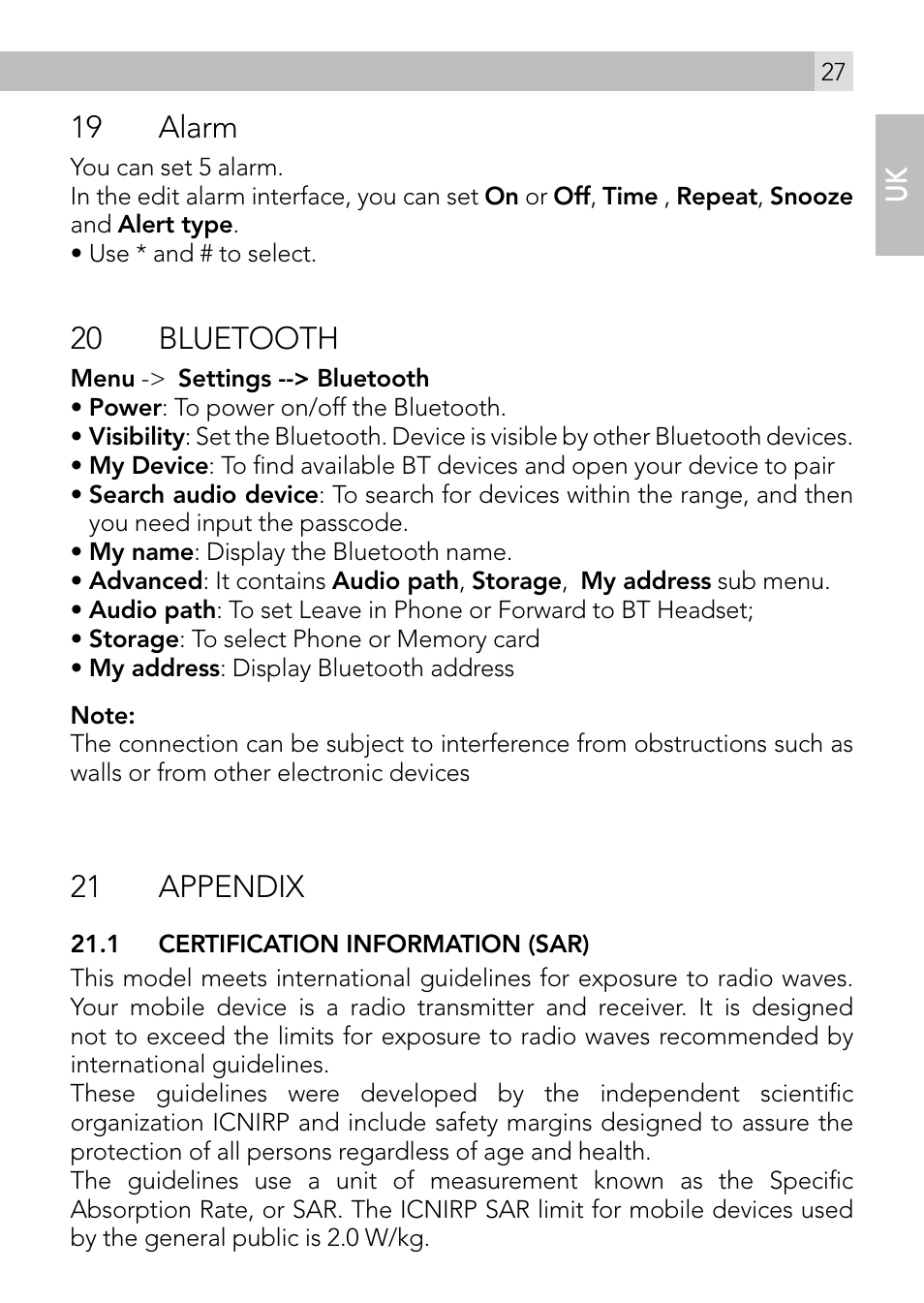 19 alarm, 20 bluetooth, 21 appendix | AEG Voxtel M410 User Manual | Page 27 / 32