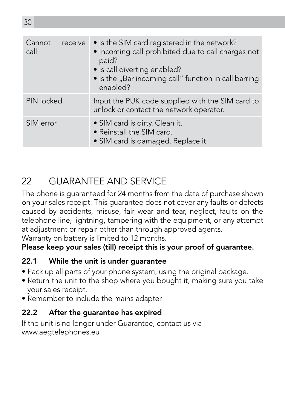 22 guarantee and service | AEG Voxtel M410 User Manual | Page 30 / 32